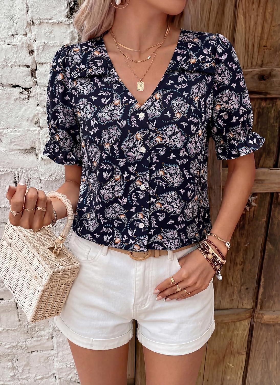 imagePRETTYGARDEN Womens Boho Tops Summer 2026 V Neck Puff Sleeve Casual Button Down Ruffle Floral Blouses Shirts Work ClothesFloral Navy