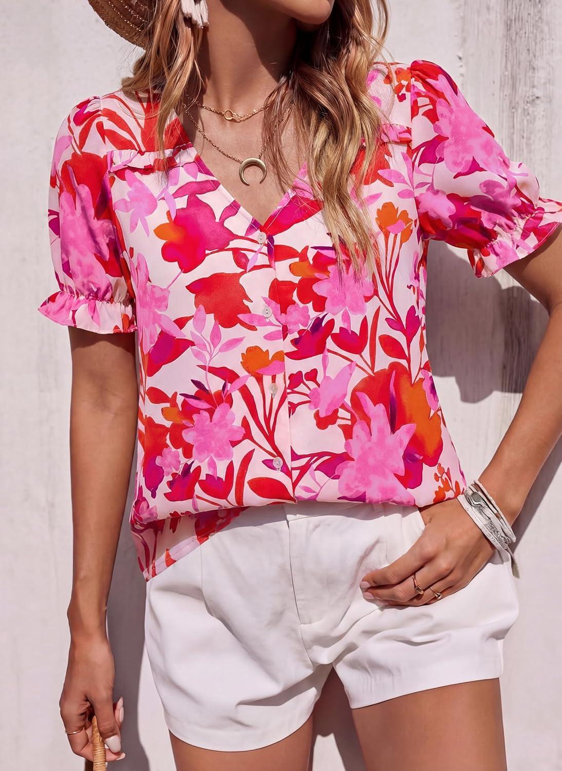 imagePRETTYGARDEN Womens Boho Tops Summer 2026 V Neck Puff Sleeve Casual Button Down Ruffle Floral Blouses Shirts Work ClothesFloral White Rose Red