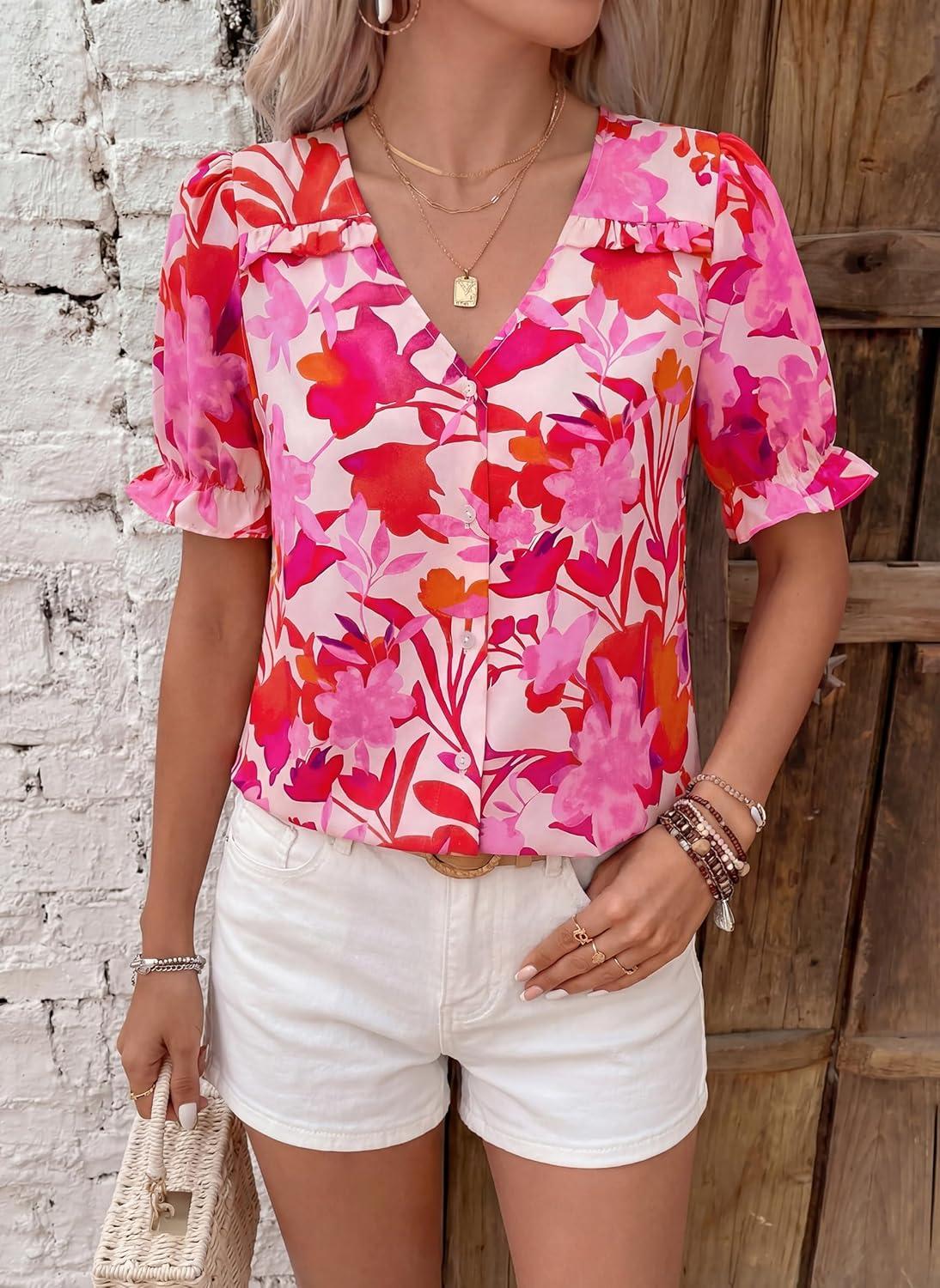 imagePRETTYGARDEN Womens Boho Tops Summer 2026 V Neck Puff Sleeve Casual Button Down Ruffle Floral Blouses Shirts Work ClothesFloral White Rose Red