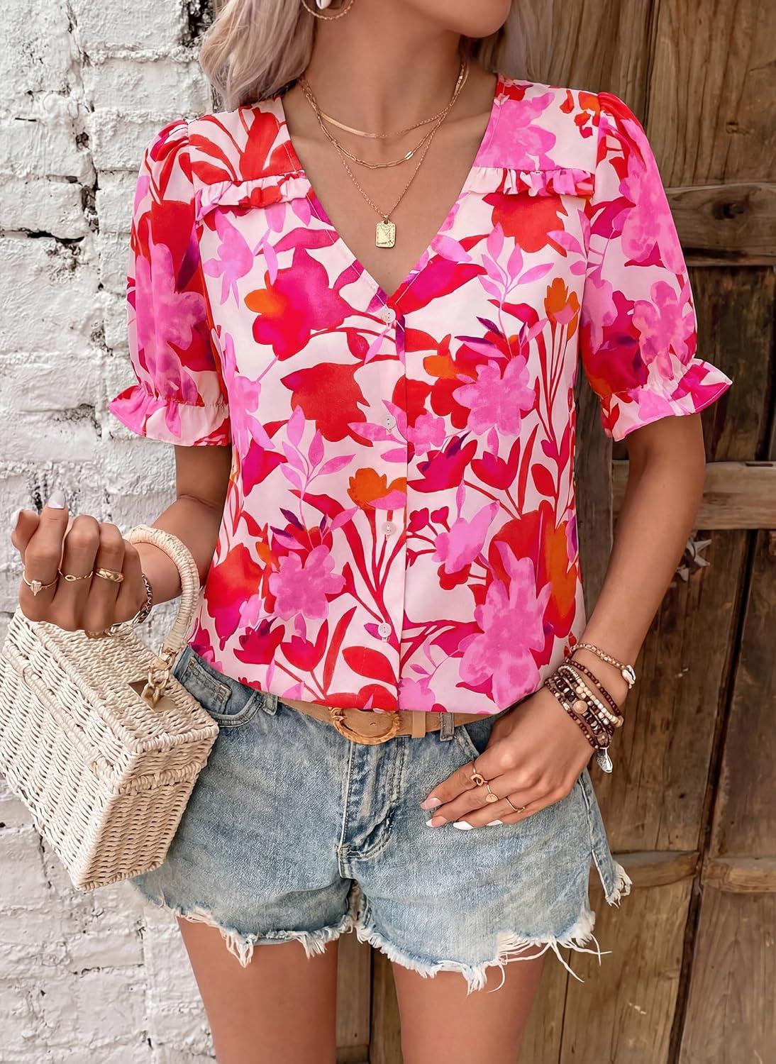 imagePRETTYGARDEN Womens Boho Tops Summer 2026 V Neck Puff Sleeve Casual Button Down Ruffle Floral Blouses Shirts Work ClothesFloral White Rose Red