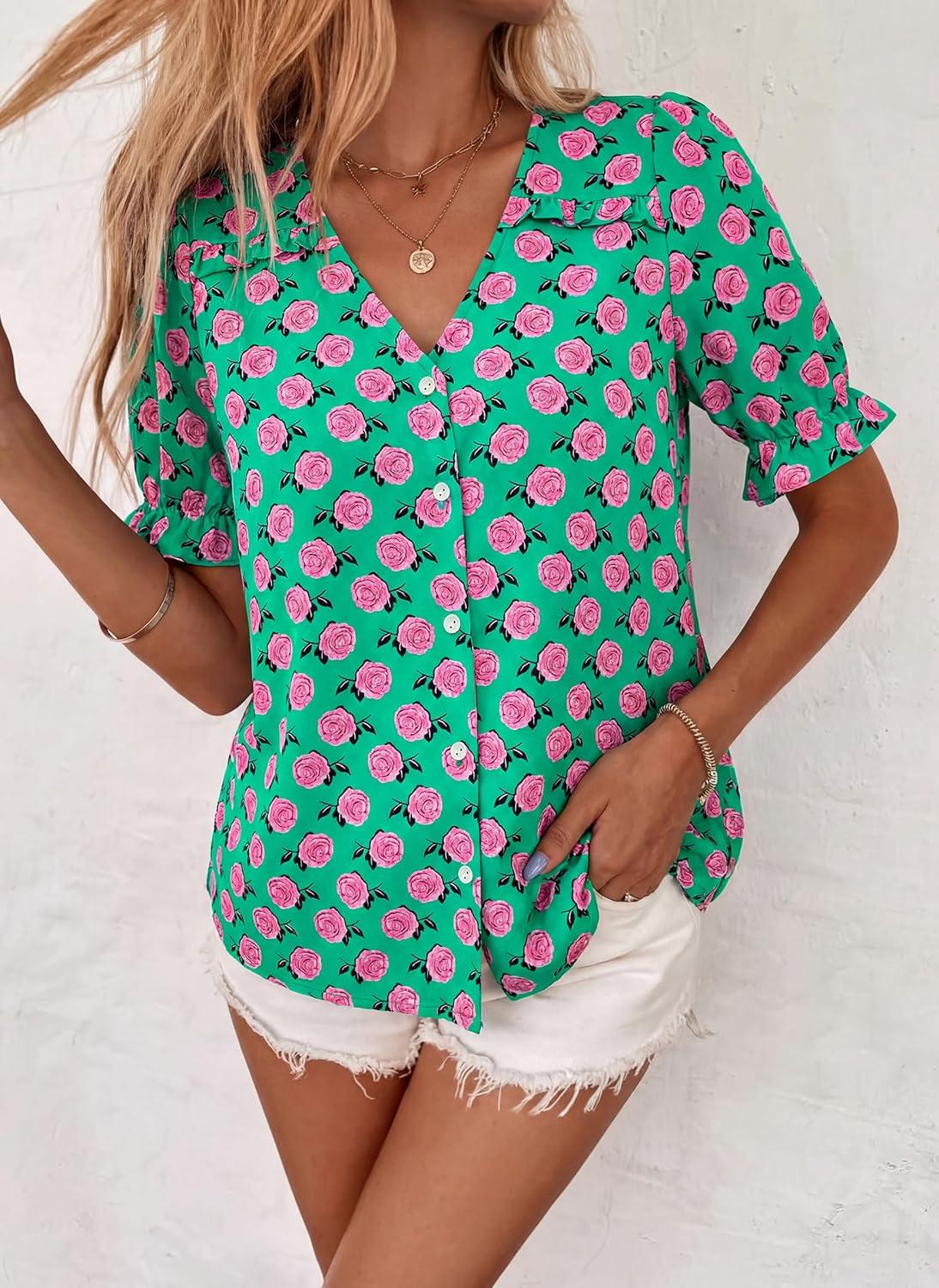 imagePRETTYGARDEN Womens Boho Tops Summer 2026 V Neck Puff Sleeve Casual Button Down Ruffle Floral Blouses Shirts Work ClothesGreen Pink Flower