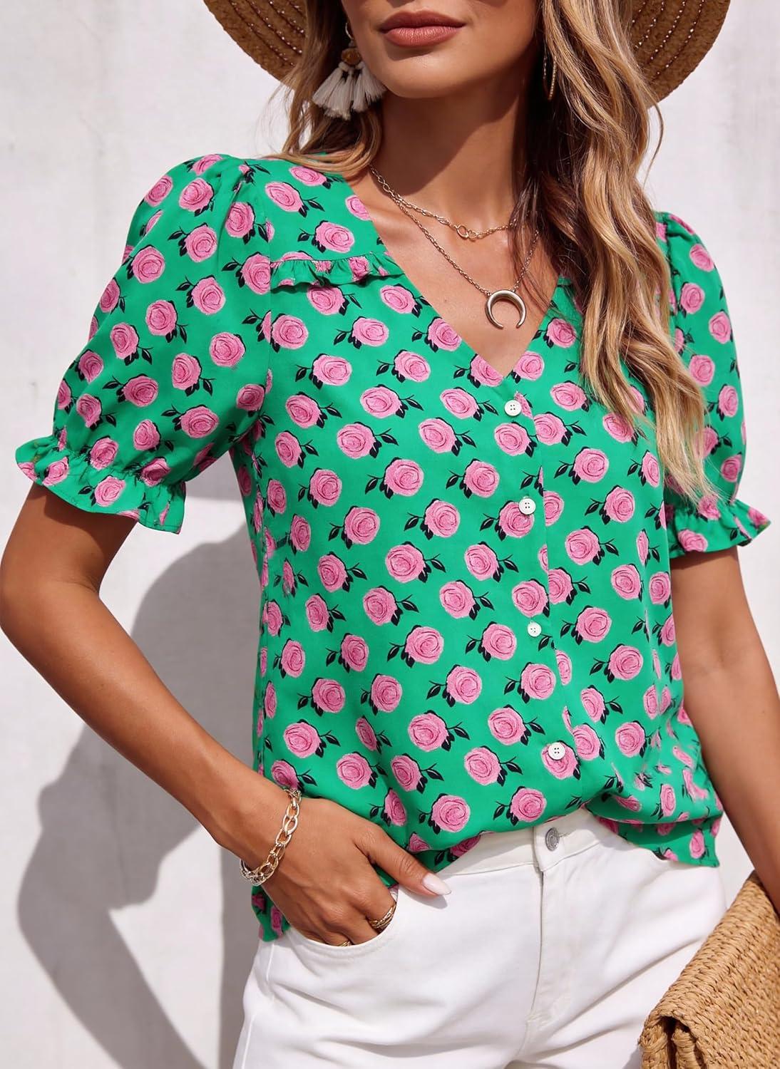 imagePRETTYGARDEN Womens Boho Tops Summer 2026 V Neck Puff Sleeve Casual Button Down Ruffle Floral Blouses Shirts Work ClothesGreen Pink Flower