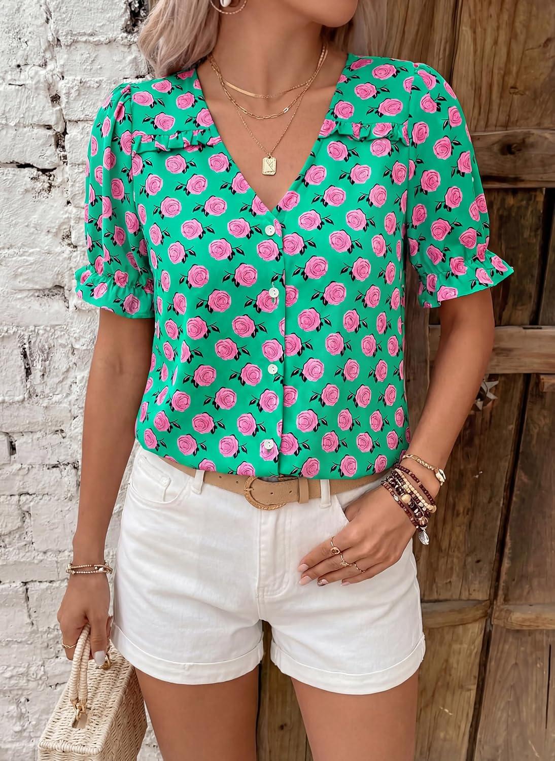 imagePRETTYGARDEN Womens Boho Tops Summer 2026 V Neck Puff Sleeve Casual Button Down Ruffle Floral Blouses Shirts Work ClothesGreen Pink Flower
