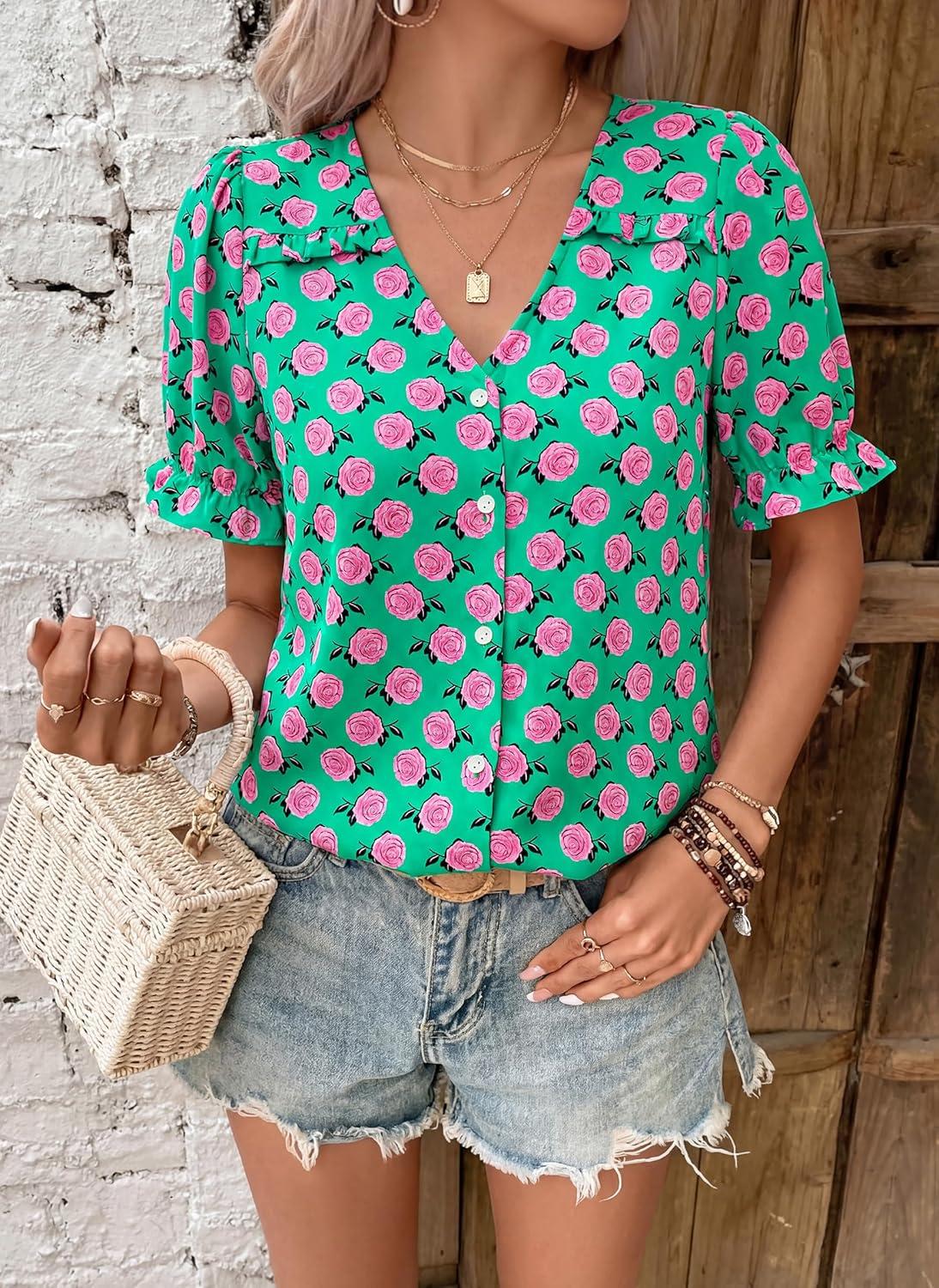 imagePRETTYGARDEN Womens Boho Tops Summer 2026 V Neck Puff Sleeve Casual Button Down Ruffle Floral Blouses Shirts Work ClothesGreen Pink Flower