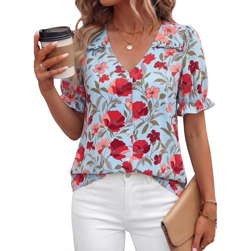 imagePRETTYGARDEN Womens Boho Tops Summer 2026 V Neck Puff Sleeve Casual Button Down Ruffle Floral Blouses Shirts Work ClothesBlue Pink Flower