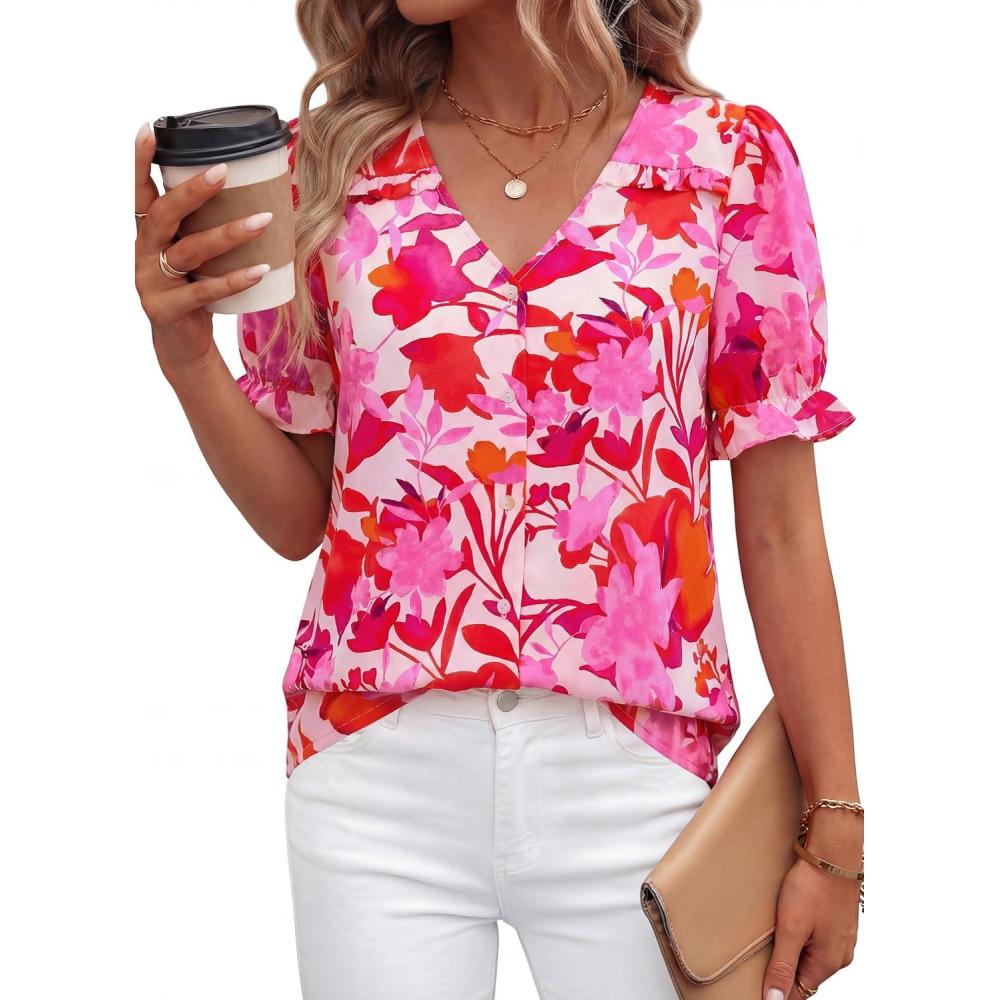 imagePRETTYGARDEN Womens Boho Tops Summer 2026 V Neck Puff Sleeve Casual Button Down Ruffle Floral Blouses Shirts Work ClothesFloral White Rose Red
