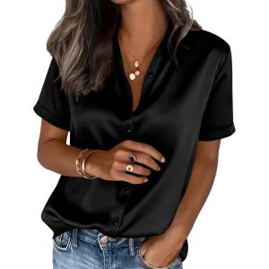 PRETTYGARDEN Womens 2026 Summer Button Down Shirts Short Sleeve Work Tops Dressy Satin Blouses Spring Business Casual Outfits(Black)