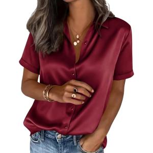 PRETTYGARDEN Womens 2026 Summer Button Down Shirts Short Sleeve Work Tops Dressy Satin Blouses Spring Business Casual Outfits(Burgundy)