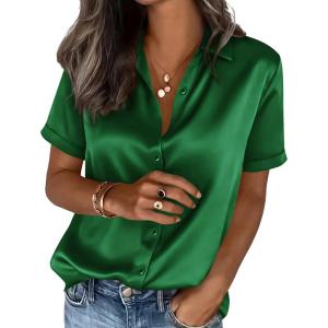 PRETTYGARDEN Womens 2026 Summer Button Down Shirts Short Sleeve Work Tops Dressy Satin Blouses Spring Business Casual Outfits(Green)