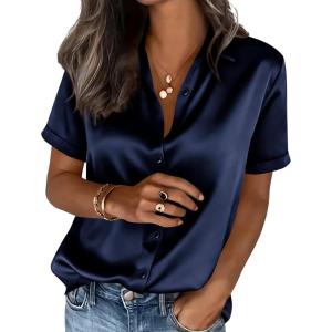 PRETTYGARDEN Womens 2026 Summer Button Down Shirts Short Sleeve Work Tops Dressy Satin Blouses Spring Business Casual Outfits(Navy Blue)