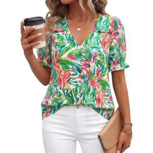 PRETTYGARDEN Womens Boho Tops Summer 2026 V Neck Puff Sleeve Casual Button Down Ruffle Floral Blouses Shirts Work Clothes(Bright Green)