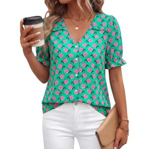 PRETTYGARDEN Womens Boho Tops Summer 2026 V Neck Puff Sleeve Casual Button Down Ruffle Floral Blouses Shirts Work Clothes(Green Pink Flower)