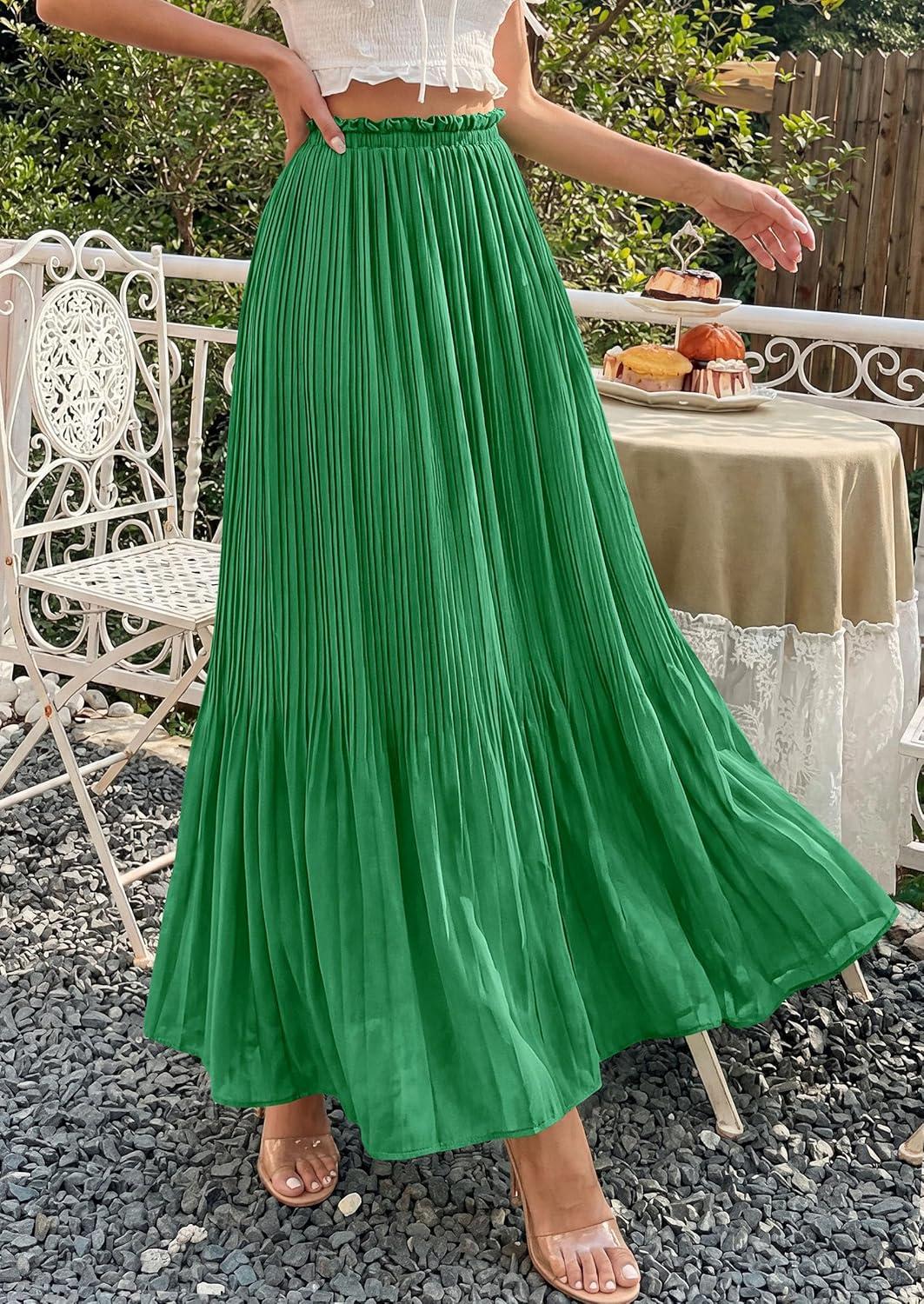 imagePRETTYGARDEN Long Skirts for Women Summer Vacation Outfits 2026 Spring Chiffon Elastic Waist Flowy ALine Pleated Midi SkirtGreen