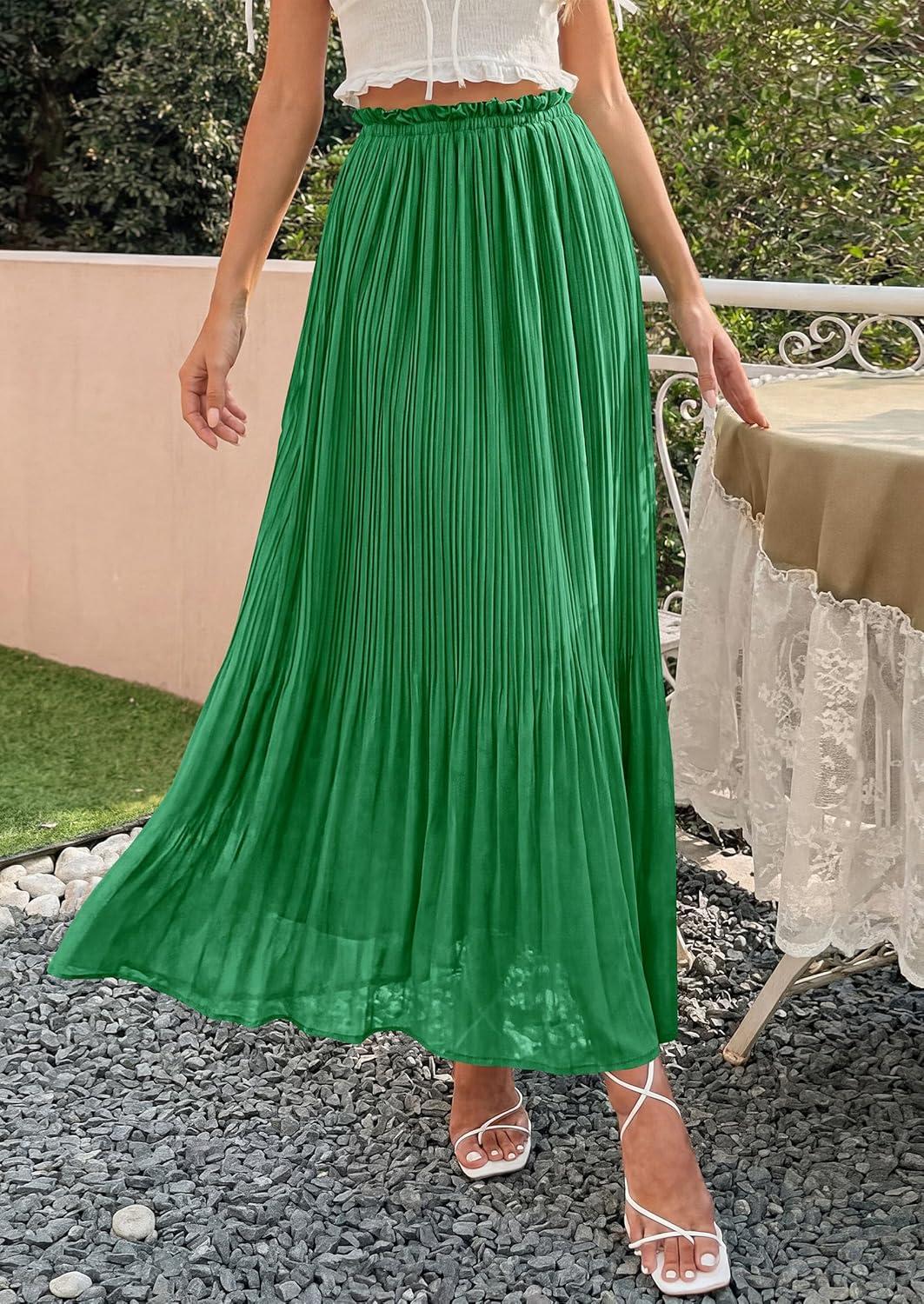 imagePRETTYGARDEN Long Skirts for Women Summer Vacation Outfits 2026 Spring Chiffon Elastic Waist Flowy ALine Pleated Midi SkirtGreen