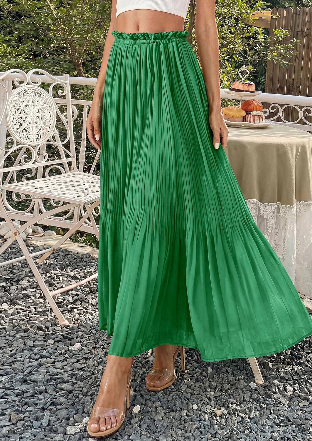 imagePRETTYGARDEN Long Skirts for Women Summer Vacation Outfits 2026 Spring Chiffon Elastic Waist Flowy ALine Pleated Midi SkirtGreen