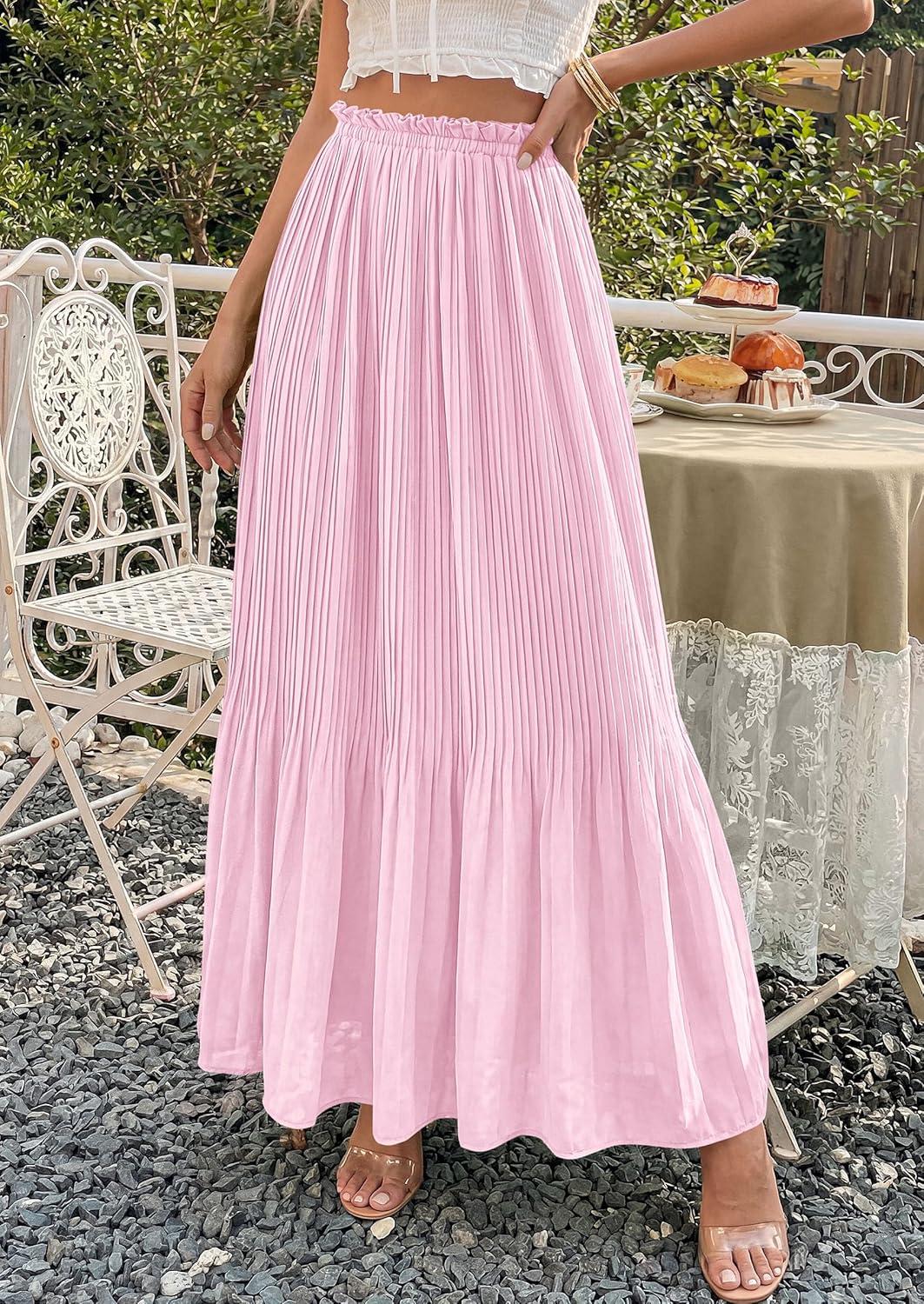 imagePRETTYGARDEN Long Skirts for Women Summer Vacation Outfits 2026 Spring Chiffon Elastic Waist Flowy ALine Pleated Midi SkirtPink