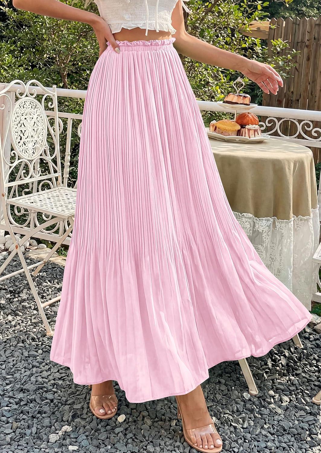 imagePRETTYGARDEN Long Skirts for Women Summer Vacation Outfits 2026 Spring Chiffon Elastic Waist Flowy ALine Pleated Midi SkirtPink