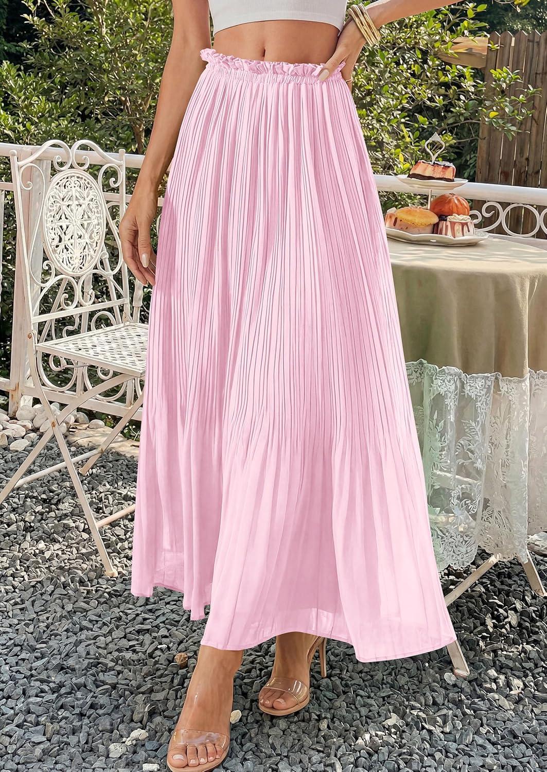 imagePRETTYGARDEN Long Skirts for Women Summer Vacation Outfits 2026 Spring Chiffon Elastic Waist Flowy ALine Pleated Midi SkirtPink
