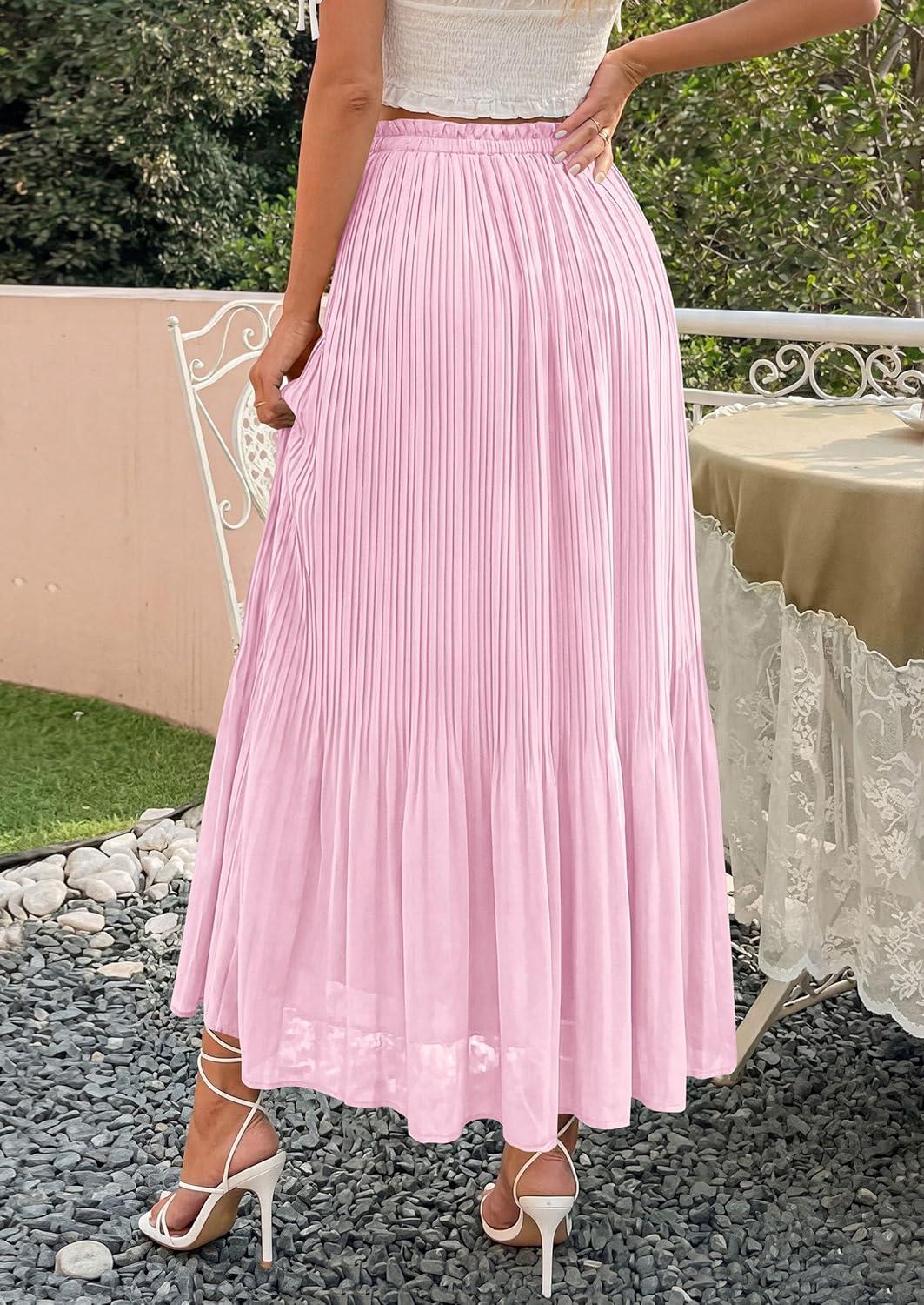 imagePRETTYGARDEN Long Skirts for Women Summer Vacation Outfits 2026 Spring Chiffon Elastic Waist Flowy ALine Pleated Midi SkirtPink