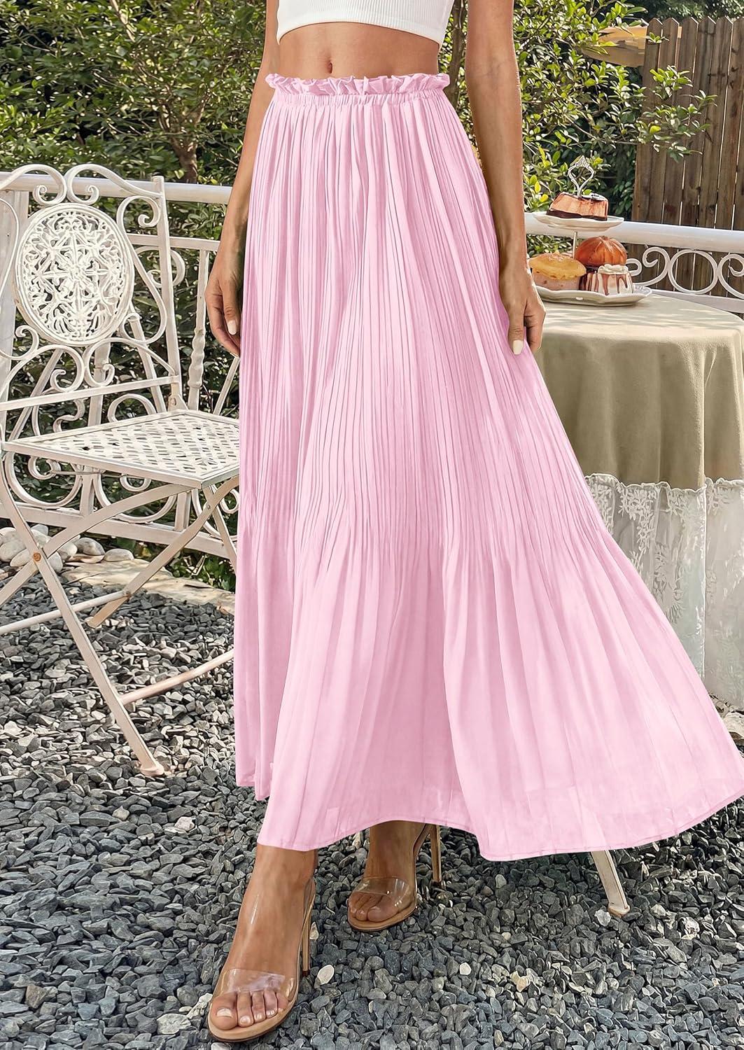 imagePRETTYGARDEN Long Skirts for Women Summer Vacation Outfits 2026 Spring Chiffon Elastic Waist Flowy ALine Pleated Midi SkirtPink