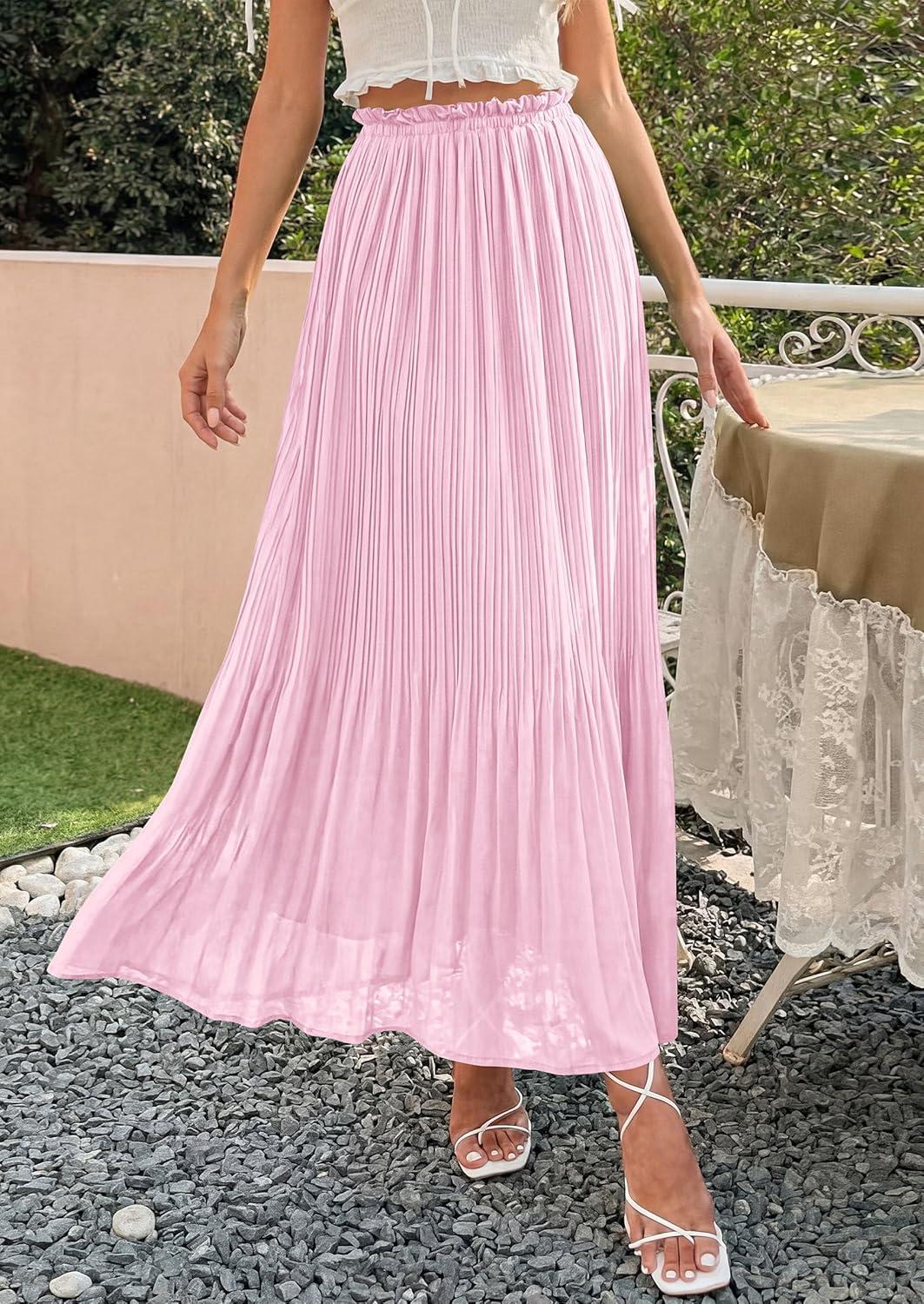 imagePRETTYGARDEN Long Skirts for Women Summer Vacation Outfits 2026 Spring Chiffon Elastic Waist Flowy ALine Pleated Midi SkirtPink