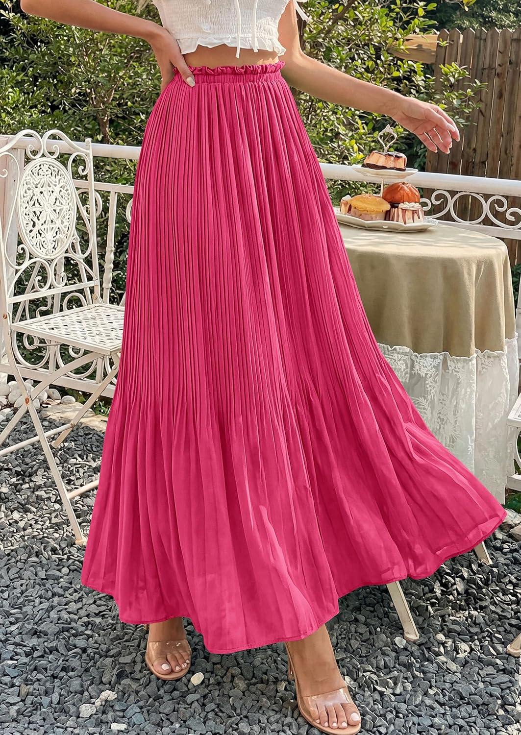 imagePRETTYGARDEN Long Skirts for Women Summer Vacation Outfits 2026 Spring Chiffon Elastic Waist Flowy ALine Pleated Midi SkirtRose Red