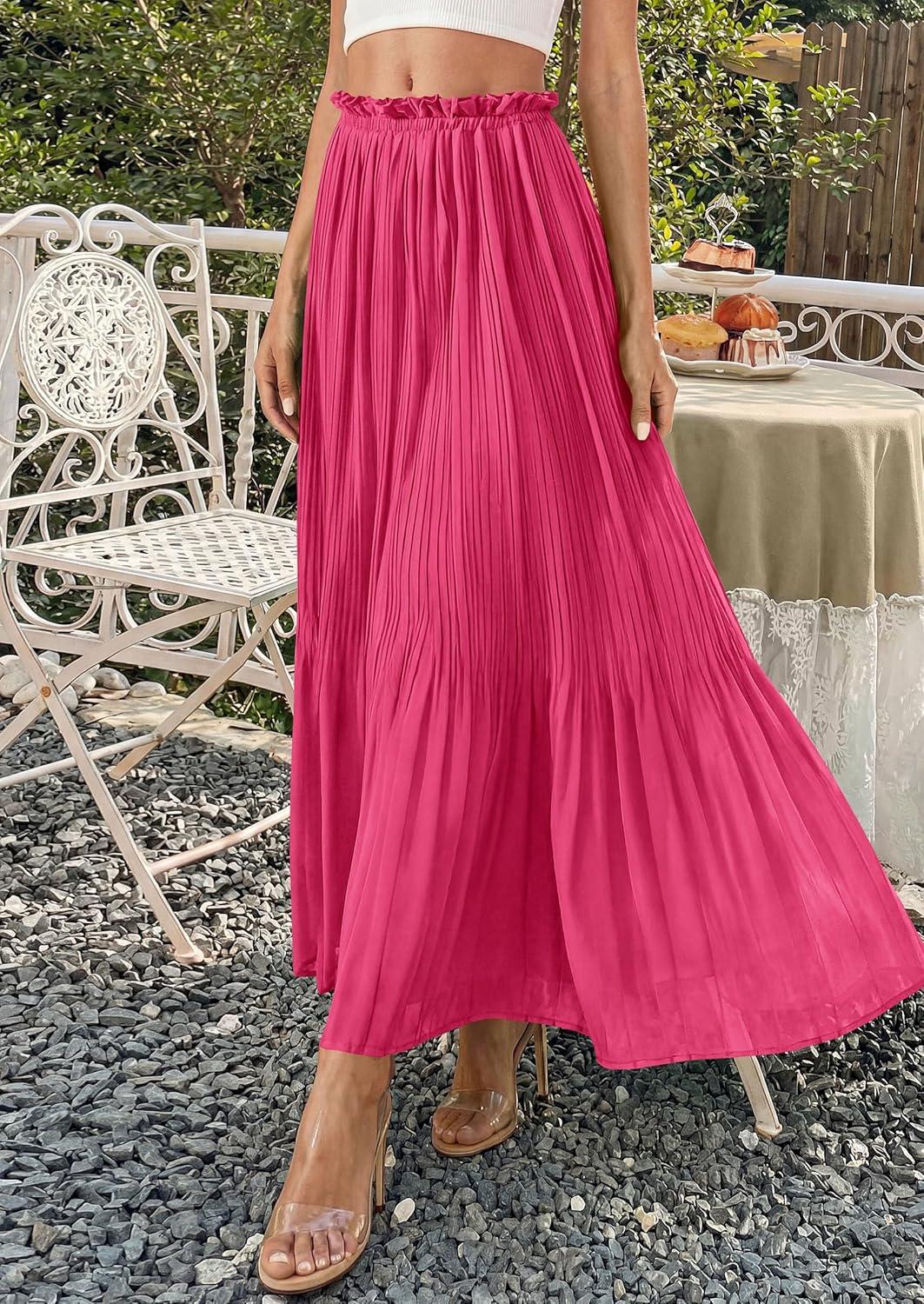 imagePRETTYGARDEN Long Skirts for Women Summer Vacation Outfits 2026 Spring Chiffon Elastic Waist Flowy ALine Pleated Midi SkirtRose Red
