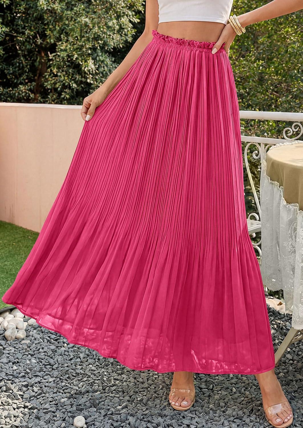 imagePRETTYGARDEN Long Skirts for Women Summer Vacation Outfits 2026 Spring Chiffon Elastic Waist Flowy ALine Pleated Midi SkirtRose Red