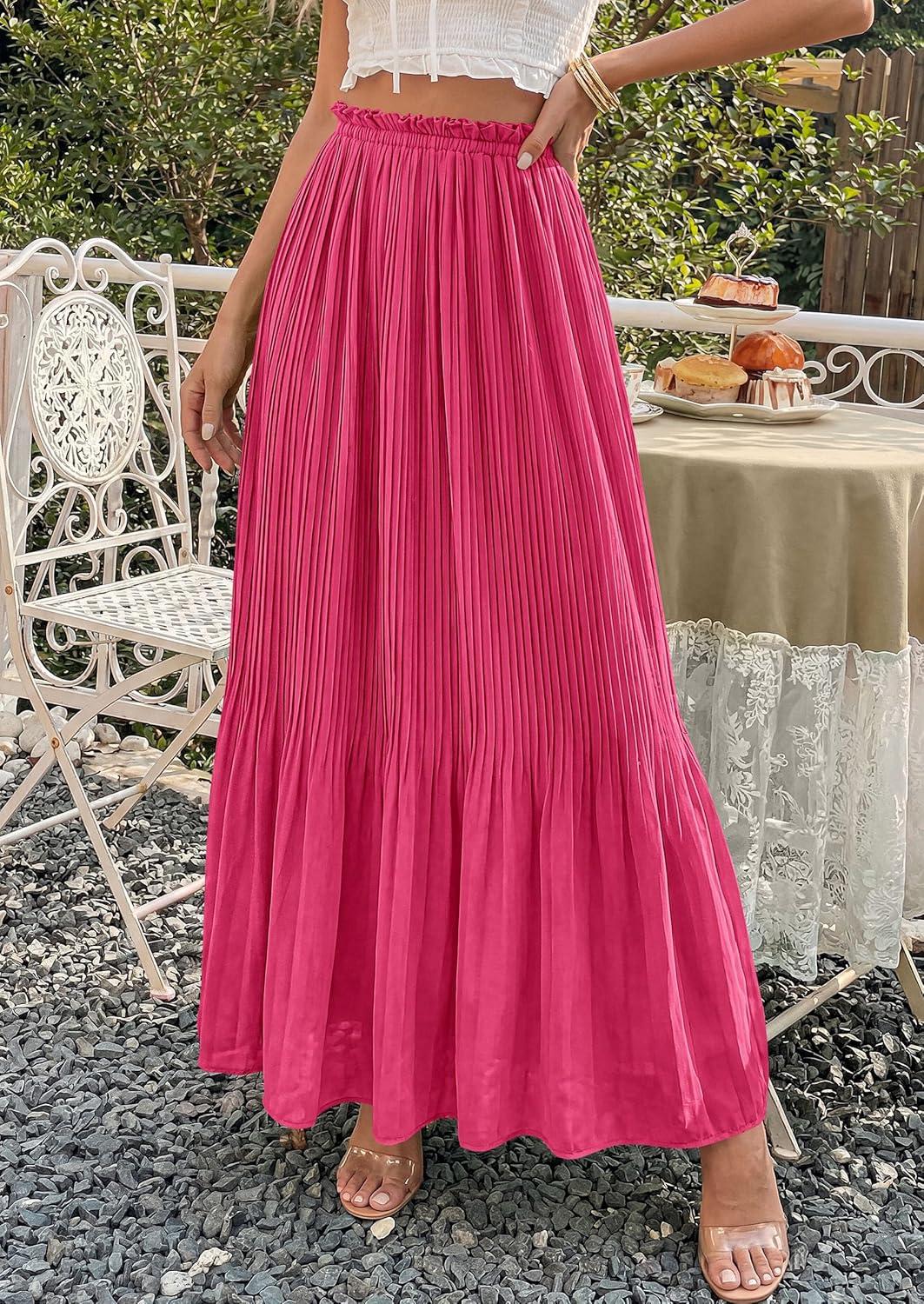 imagePRETTYGARDEN Long Skirts for Women Summer Vacation Outfits 2026 Spring Chiffon Elastic Waist Flowy ALine Pleated Midi SkirtRose Red