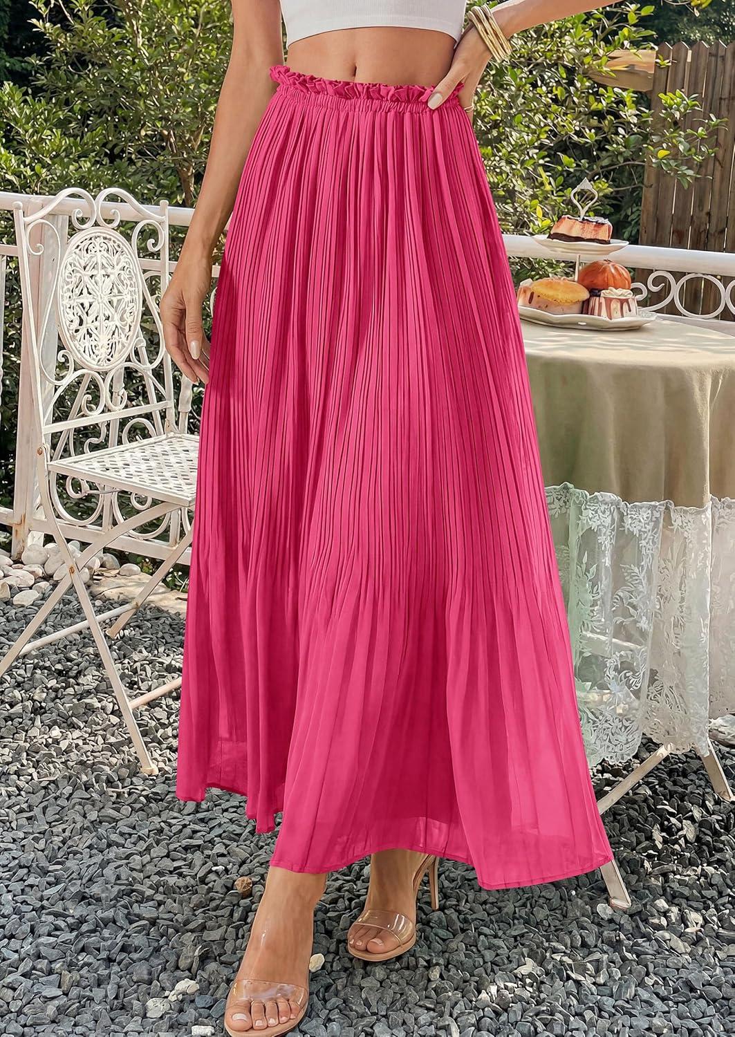 imagePRETTYGARDEN Long Skirts for Women Summer Vacation Outfits 2026 Spring Chiffon Elastic Waist Flowy ALine Pleated Midi SkirtRose Red