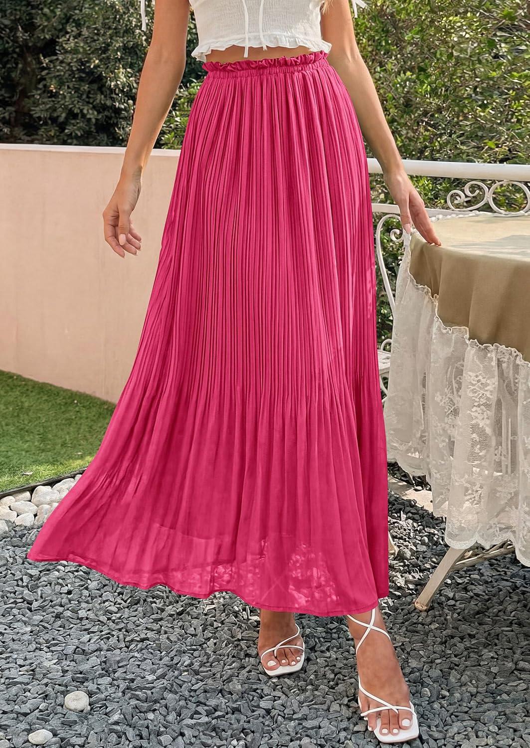 imagePRETTYGARDEN Long Skirts for Women Summer Vacation Outfits 2026 Spring Chiffon Elastic Waist Flowy ALine Pleated Midi SkirtRose Red
