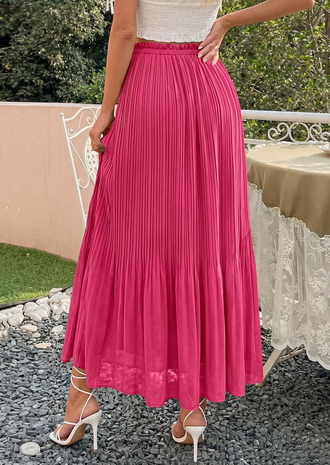 imagePRETTYGARDEN Long Skirts for Women Summer Vacation Outfits 2026 Spring Chiffon Elastic Waist Flowy ALine Pleated Midi SkirtRose Red