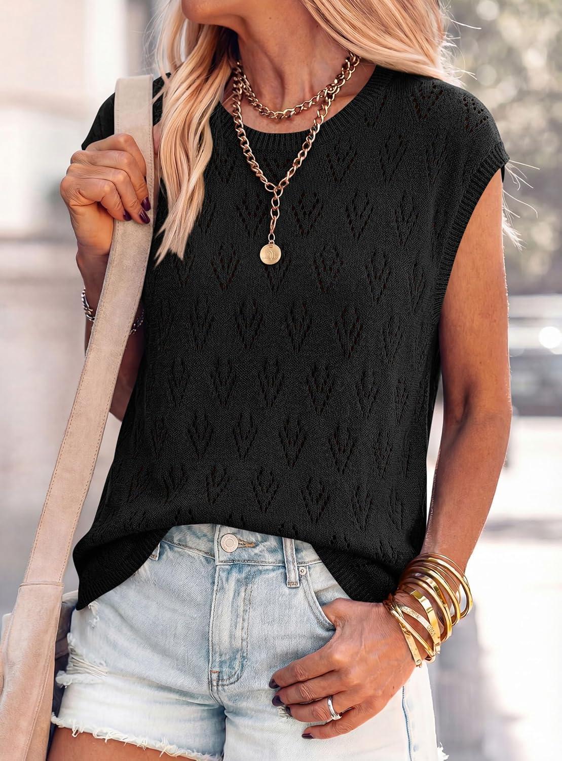 imagePRETTYGARDEN Crochet Tops for Women 2026 Summer Sweater Vest Knit Cap Sleeve Hollow Out Tank Coverup Spring Fashion ClothingBlack