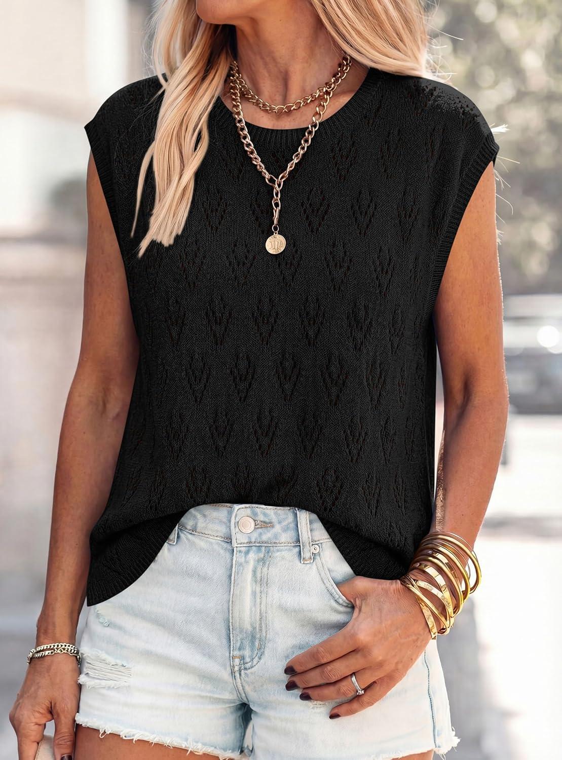 imagePRETTYGARDEN Crochet Tops for Women 2026 Summer Sweater Vest Knit Cap Sleeve Hollow Out Tank Coverup Spring Fashion ClothingBlack