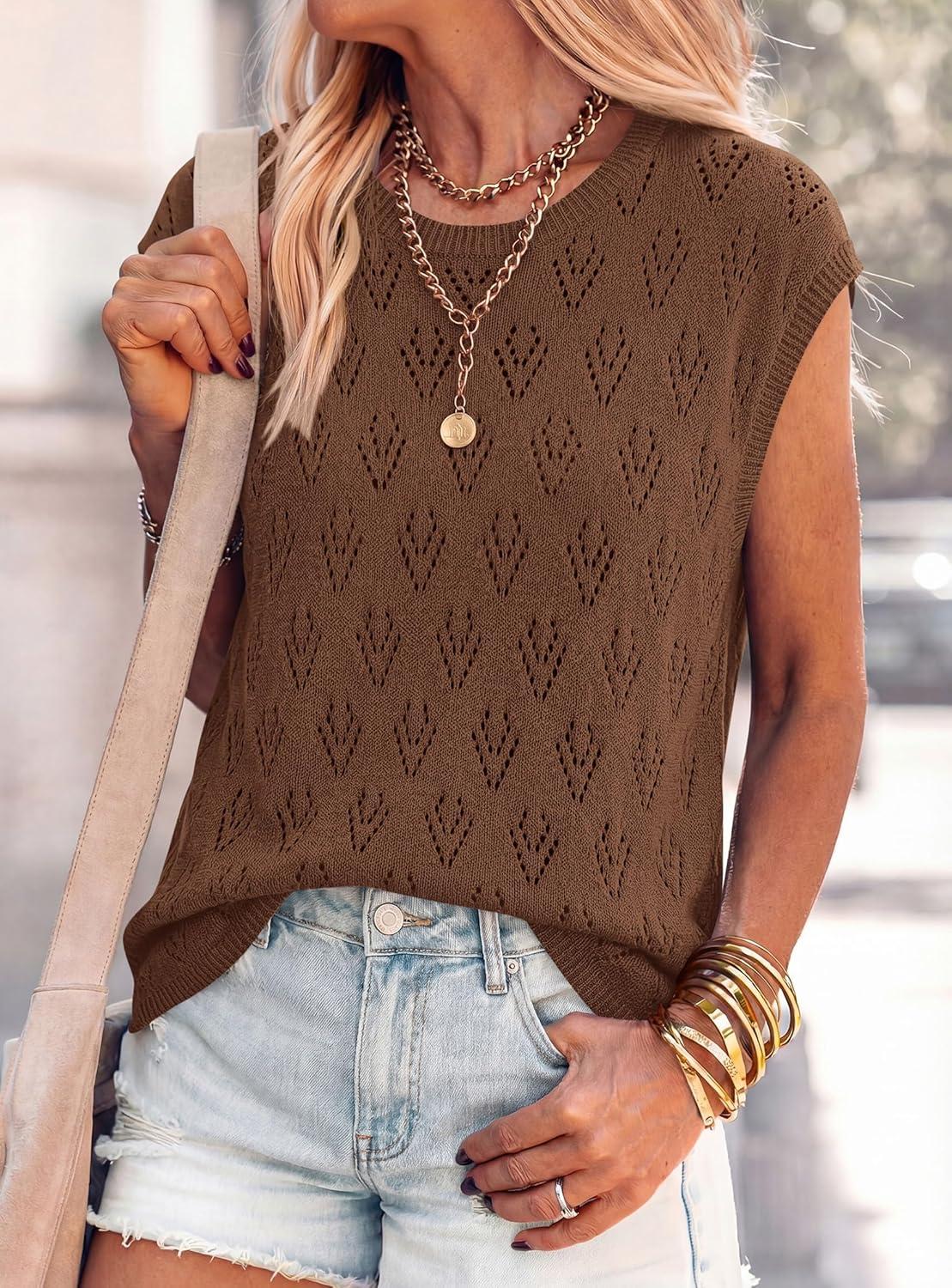 imagePRETTYGARDEN Crochet Tops for Women 2026 Summer Sweater Vest Knit Cap Sleeve Hollow Out Tank Coverup Spring Fashion ClothingBrown