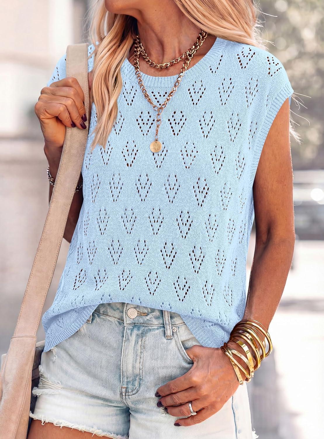 imagePRETTYGARDEN Crochet Tops for Women 2026 Summer Sweater Vest Knit Cap Sleeve Hollow Out Tank Coverup Spring Fashion ClothingLight Blue