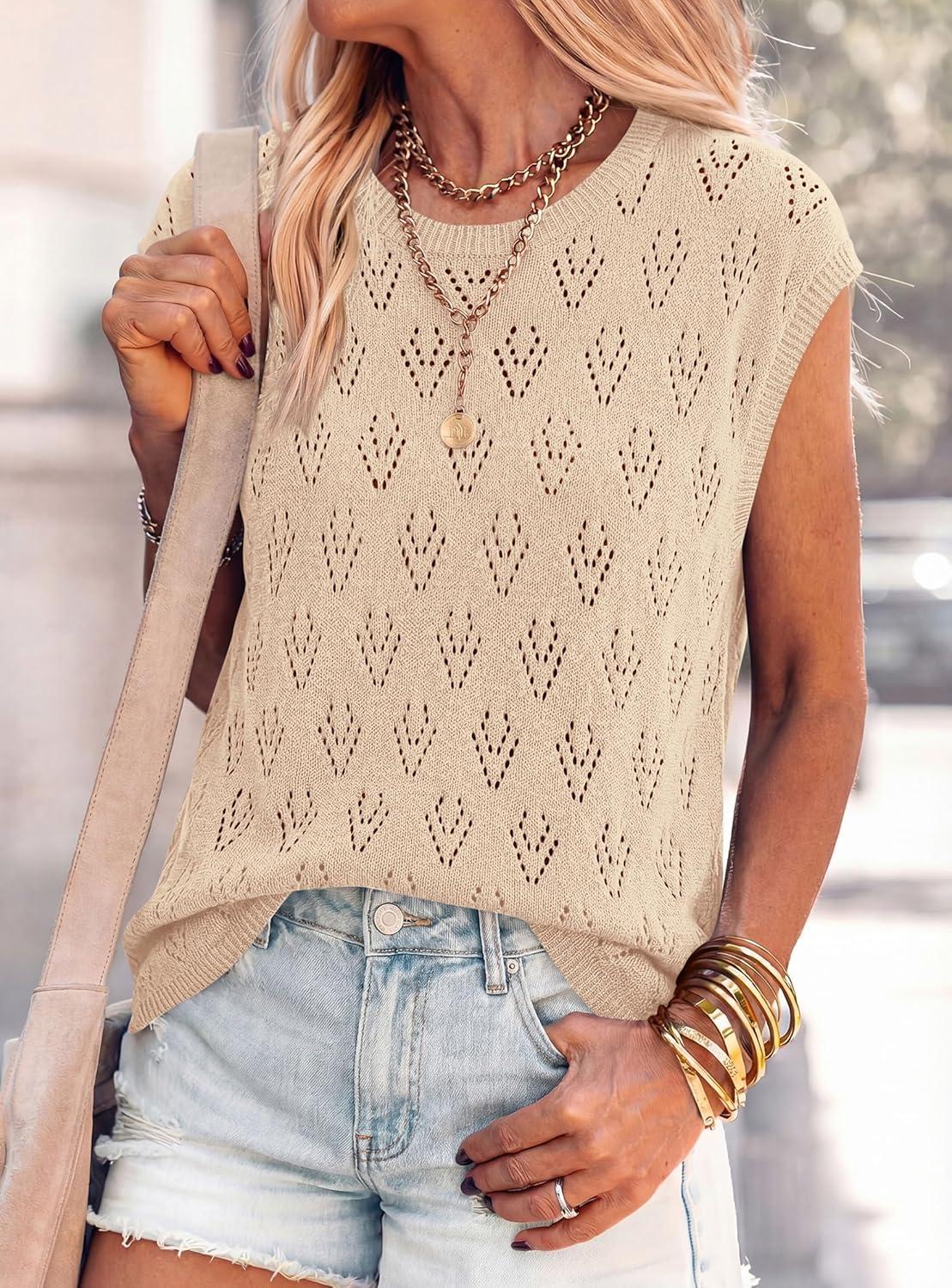 imagePRETTYGARDEN Crochet Tops for Women 2026 Summer Sweater Vest Knit Cap Sleeve Hollow Out Tank Coverup Spring Fashion ClothingLight Khaki