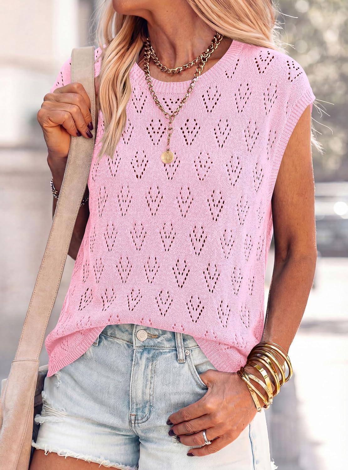 imagePRETTYGARDEN Crochet Tops for Women 2026 Summer Sweater Vest Knit Cap Sleeve Hollow Out Tank Coverup Spring Fashion ClothingLight Pink