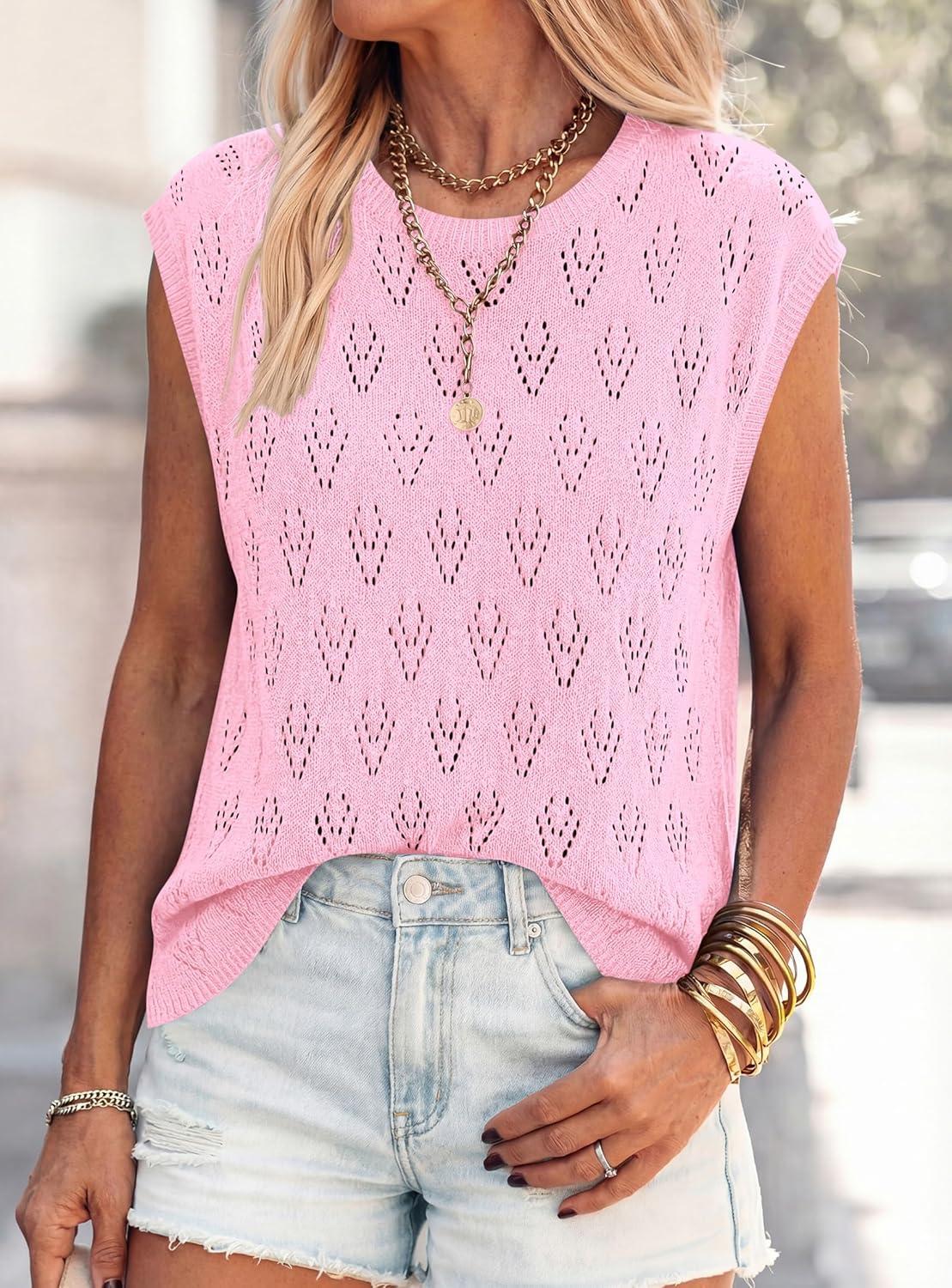 imagePRETTYGARDEN Crochet Tops for Women 2026 Summer Sweater Vest Knit Cap Sleeve Hollow Out Tank Coverup Spring Fashion ClothingLight Pink