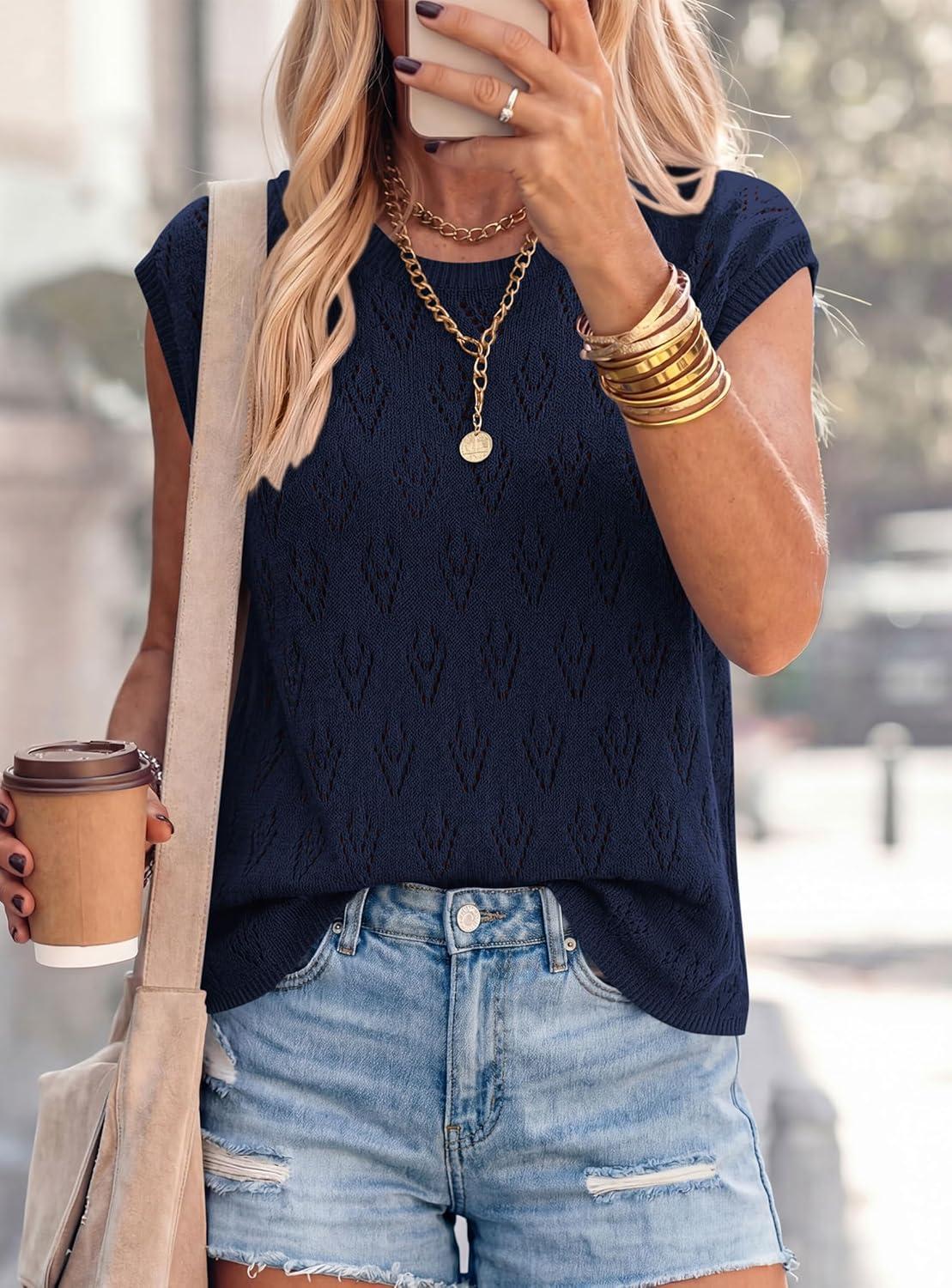 imagePRETTYGARDEN Crochet Tops for Women 2026 Summer Sweater Vest Knit Cap Sleeve Hollow Out Tank Coverup Spring Fashion ClothingNavy Blue