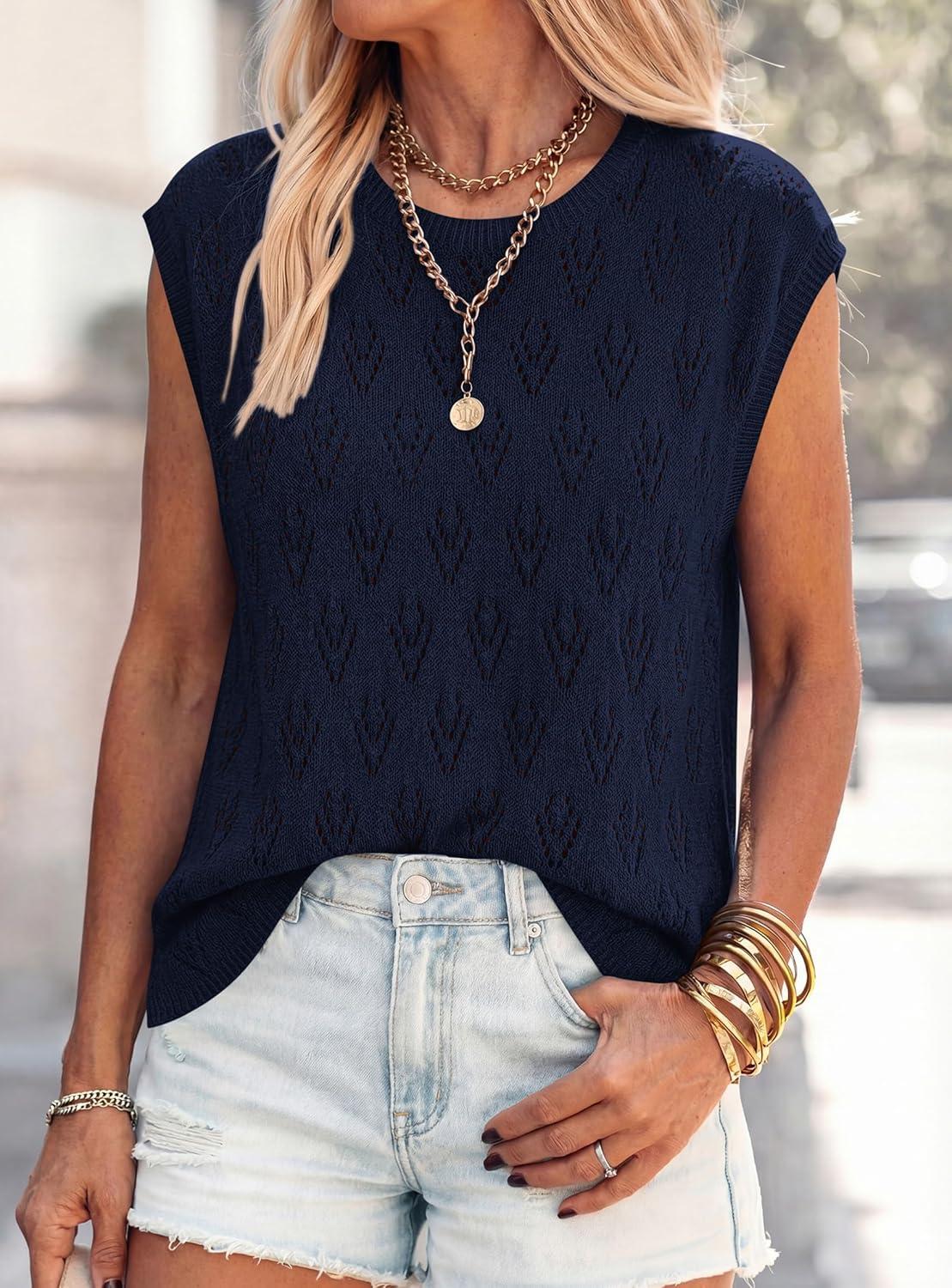 imagePRETTYGARDEN Crochet Tops for Women 2026 Summer Sweater Vest Knit Cap Sleeve Hollow Out Tank Coverup Spring Fashion ClothingNavy Blue