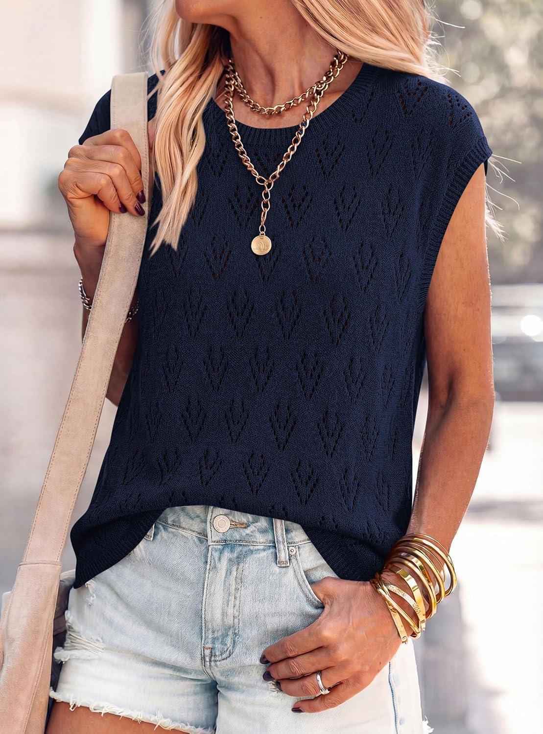 imagePRETTYGARDEN Crochet Tops for Women 2026 Summer Sweater Vest Knit Cap Sleeve Hollow Out Tank Coverup Spring Fashion ClothingNavy Blue
