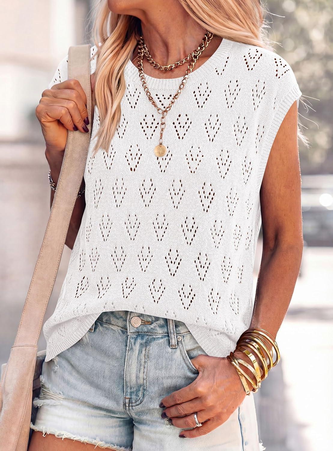 imagePRETTYGARDEN Crochet Tops for Women 2026 Summer Sweater Vest Knit Cap Sleeve Hollow Out Tank Coverup Spring Fashion ClothingWhite