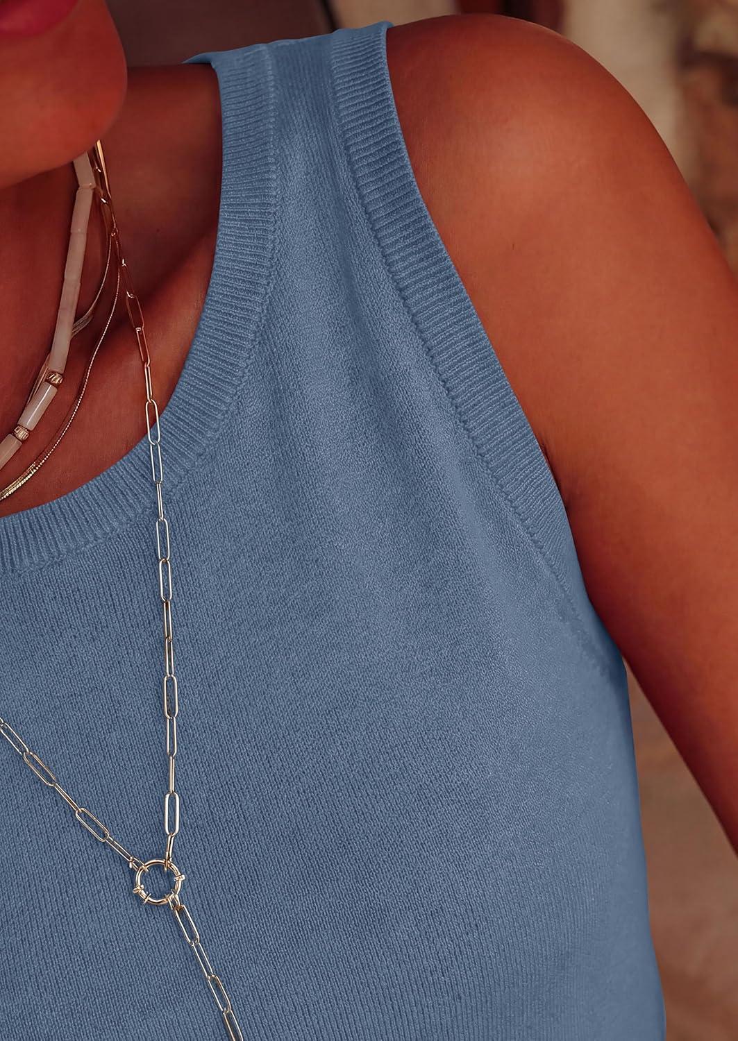 imagePRETTYGARDEN Sleeveless Sweater Tops for Women 2026 Summer Dressy Ribbed Tank Tops Spring Business Casual Work Shirts BlousesGrey Blue