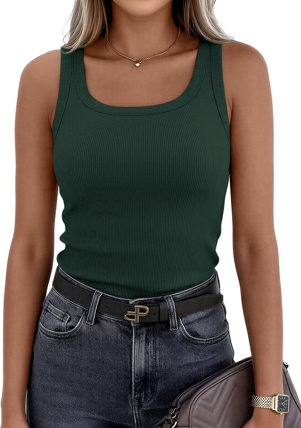 imagePRETTYGARDEN Tank Tops for Women 2026 Summer Sleeveless Scoop Neck Ribbed Tops Cute Spring Casual Fitted Basic Cami ShirtsDark Green