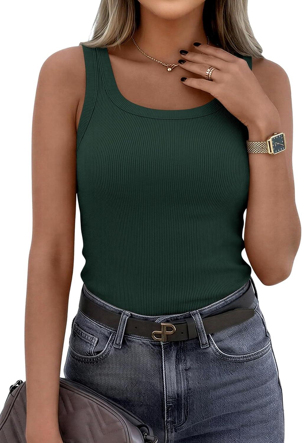 imagePRETTYGARDEN Tank Tops for Women 2026 Summer Sleeveless Scoop Neck Ribbed Tops Cute Spring Casual Fitted Basic Cami ShirtsDark Green