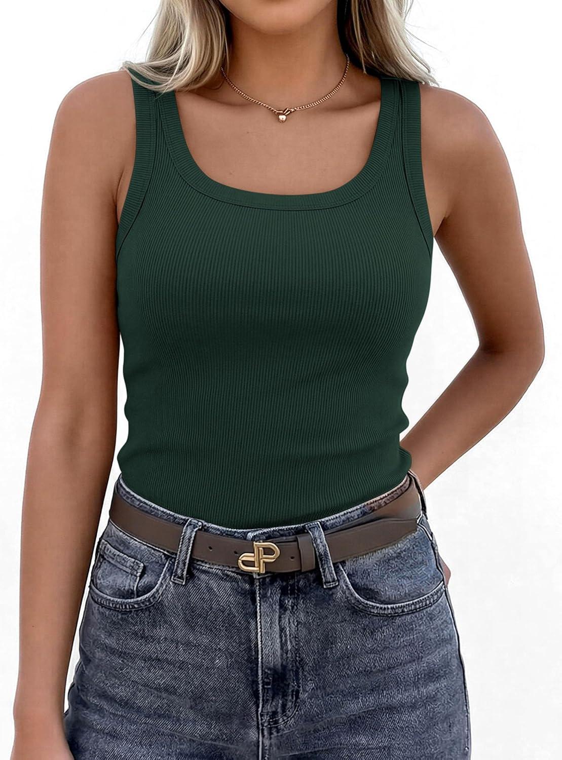imagePRETTYGARDEN Tank Tops for Women 2026 Summer Sleeveless Scoop Neck Ribbed Tops Cute Spring Casual Fitted Basic Cami ShirtsDark Green