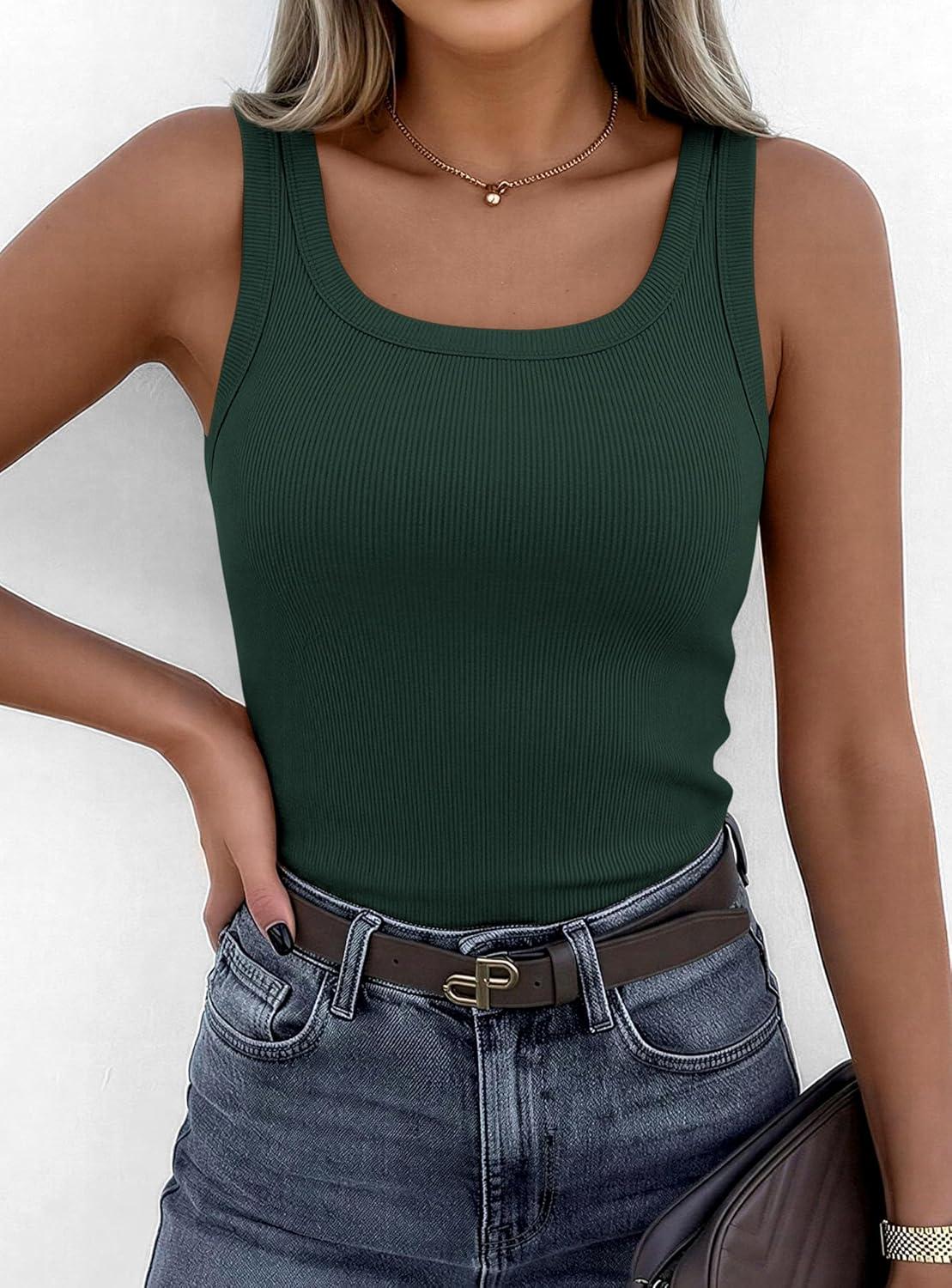 imagePRETTYGARDEN Tank Tops for Women 2026 Summer Sleeveless Scoop Neck Ribbed Tops Cute Spring Casual Fitted Basic Cami ShirtsDark Green