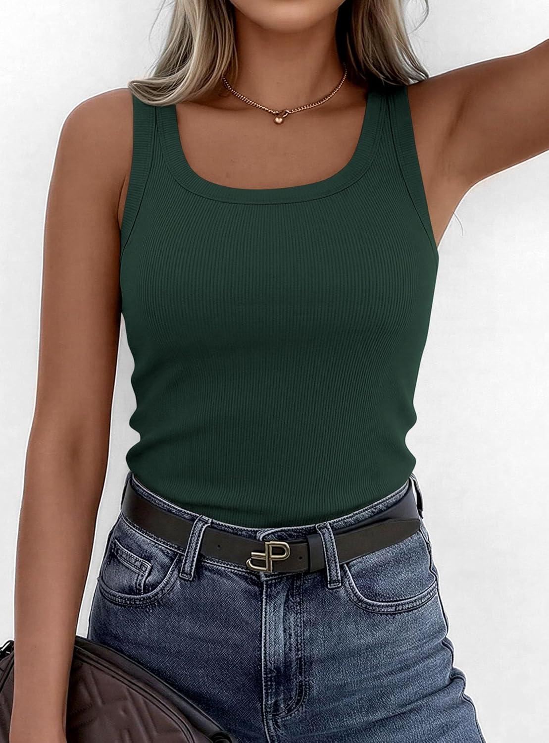 imagePRETTYGARDEN Tank Tops for Women 2026 Summer Sleeveless Scoop Neck Ribbed Tops Cute Spring Casual Fitted Basic Cami ShirtsDark Green
