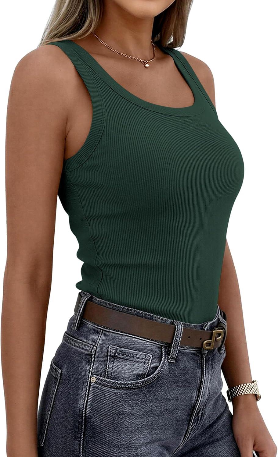 imagePRETTYGARDEN Tank Tops for Women 2026 Summer Sleeveless Scoop Neck Ribbed Tops Cute Spring Casual Fitted Basic Cami ShirtsDark Green